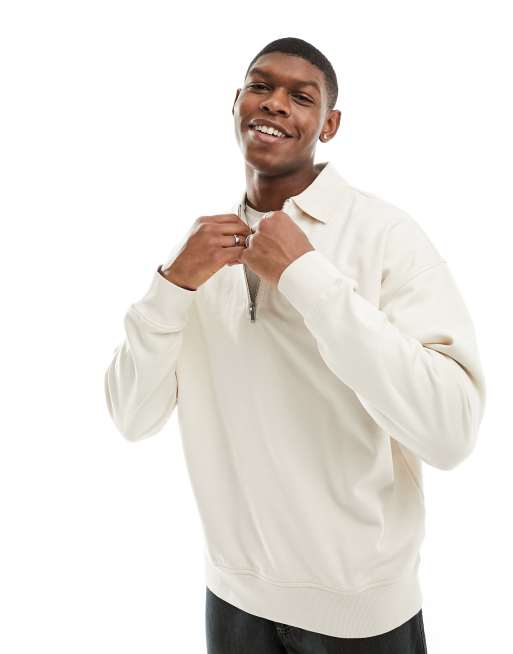Sudadera blanco hueso con cuello tipo polo y media cremallera de New Look