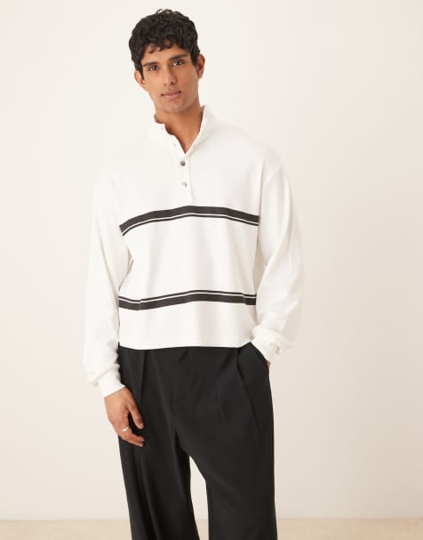 Sudadera blanco hueso extragrande a rayas de corte cuadrado con hombros caídos y cuello alzado de tejido acanalado ligero de ASOS DESIGN - view 1
