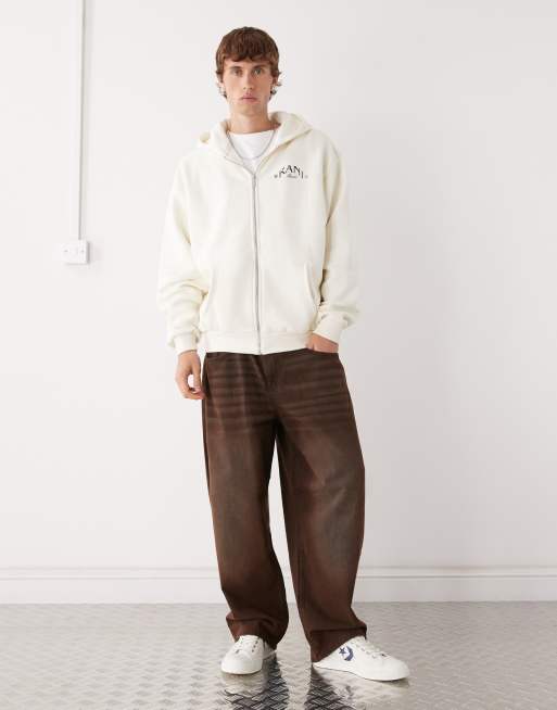 Sudadera blanco hueso extragrande con capucha, cremallera y estampado de palmera en la espalda de Karl Kani, 2 de 5
