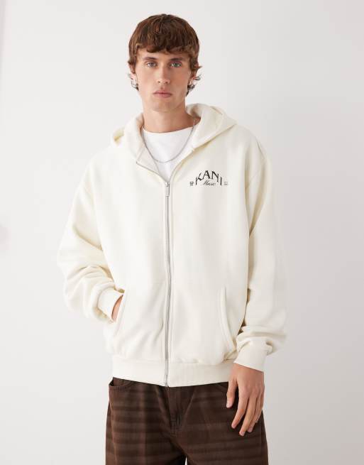 Sudadera blanco hueso extragrande con capucha, cremallera y estampado de palmera en la espalda de Karl Kani, 3 de 5