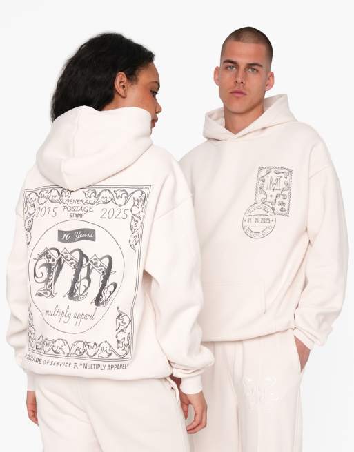 Sudadera blanco hueso extragrande con capucha y detalle estampado Imprint de Multiply Apparel