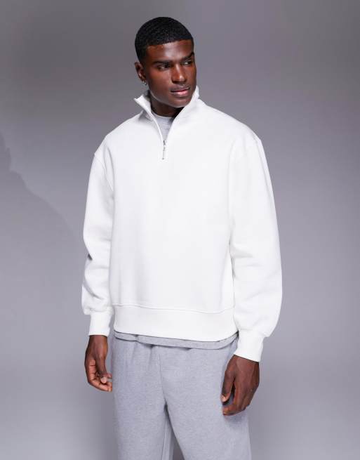 Sudadera blanco hueso extragrande con cremallera corta de tejido grueso premium de ASOS DESIGN