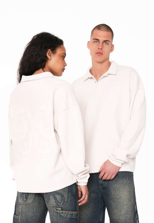 Sudadera blanco hueso extragrande con cuello tipo polo Inscription de Multiply Apparel