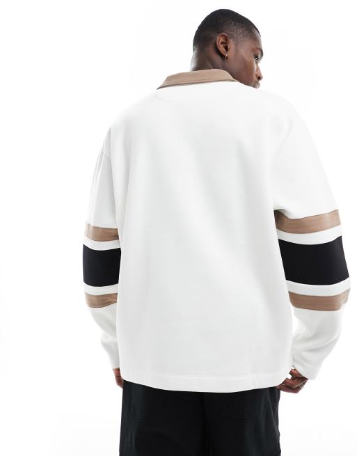 Sudadera blanco hueso extragrande estilo polo de rugby con detalle de rayas de ASOS DESIGN, 2 de 4