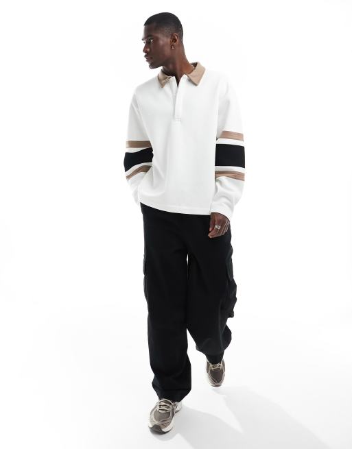Sudadera blanco hueso extragrande estilo polo de rugby con detalle de rayas de ASOS DESIGN, 4 de 4