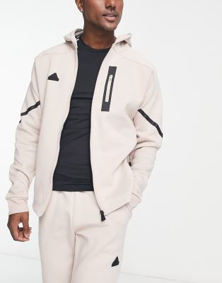 Sudadera blanco hueso técnica con capucha y cremallera de felpa Tech Fleece de adidas Sportwear