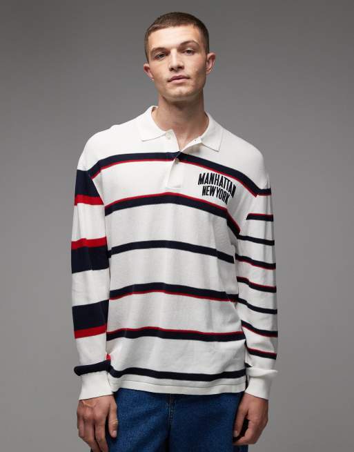 Sudadera blanco hueso y azul marino a rayas con cuello tipo polo de punto de Tommy Jeans