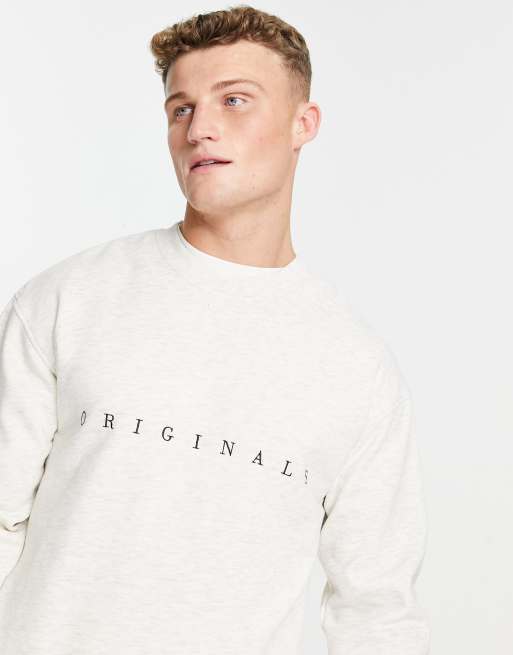 Sudadera blanco jaspeado con cuello redondo y logo bordado de Jack & Jones Originals 