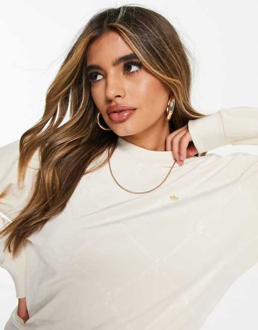 Sudadera blanco maravilla con estampado de trébol en toda la prenda de velour de adidas Originals