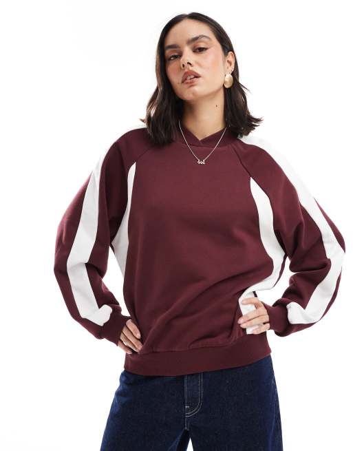 Sudadera burdeos con cuello de pico y detalle de paneles de ASOS DESIGN