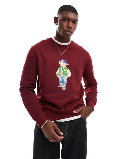 Sudadera burdeos estampado de oso con vestimenta deportiva universitaria de felpa de Polo Ralph Lauren