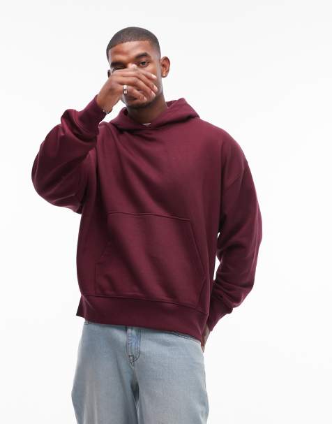 Sudadera burdeos extragrande con capucha de tejido grueso premium de Topman - view 1