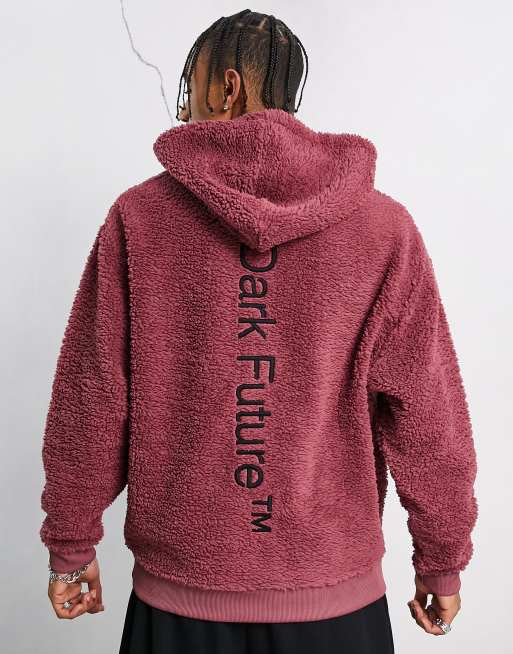 Sudadera burdeos extragrande con capucha y bordado en la espalda de borreguito tipo peluche de ASOS Dark Future 