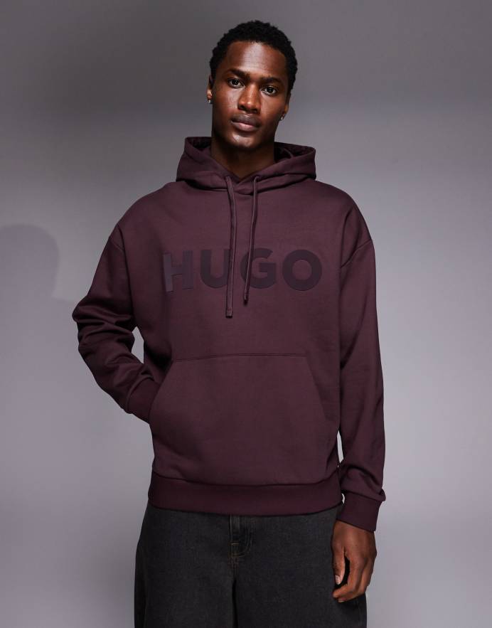 Hugo Red Sudadera burdeos extragrande con capucha y logo grande en el pecho Ditchle de