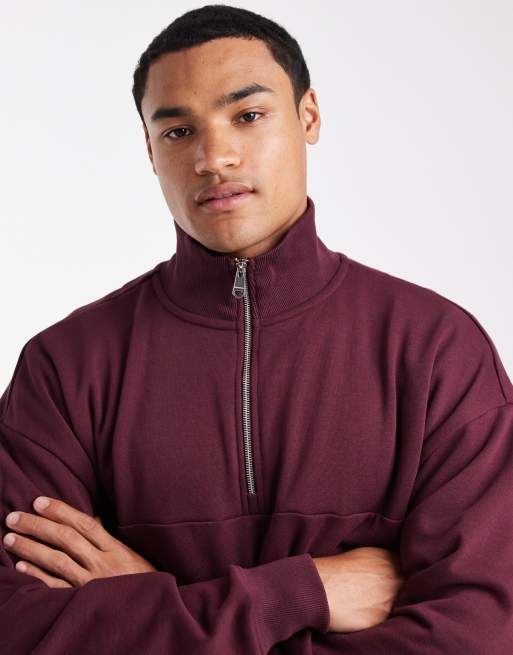 Sudadera burdeos holgada con cremallera corta de felpa de Threadbare, 5 de 5