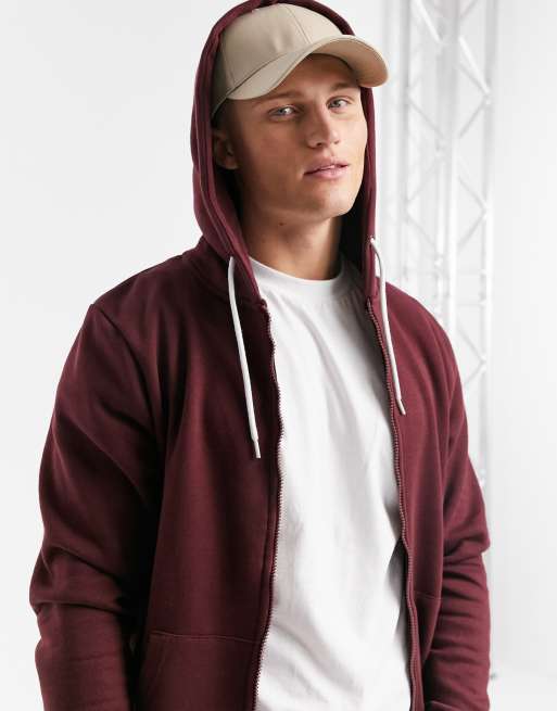 Sudadera burdeos intensa básica con capucha y cremallera de Threadbare