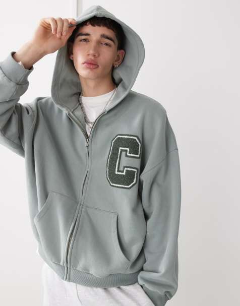 Sudadera caqui con capucha, cremallera y parche de chenilla de COLLUSION - view 1