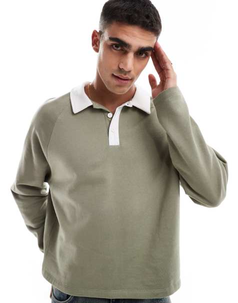 Sudadera caqui estilo rugby con cuello tipo polo y mangas raglán de ASOS DESIGN - view 1