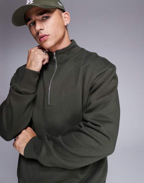 Sudadera caqui extragrande con cremallera corta de tejido grueso de 400 g/m2 premium de ASOS DESIGN - view 1