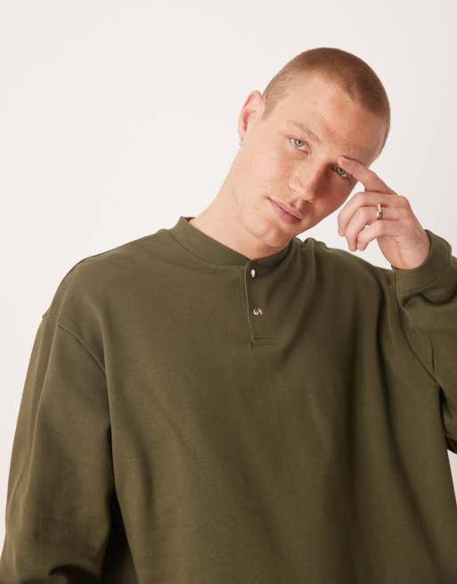Sudadera caqui extragrande con cuello abotonado de ASOS DESIGN