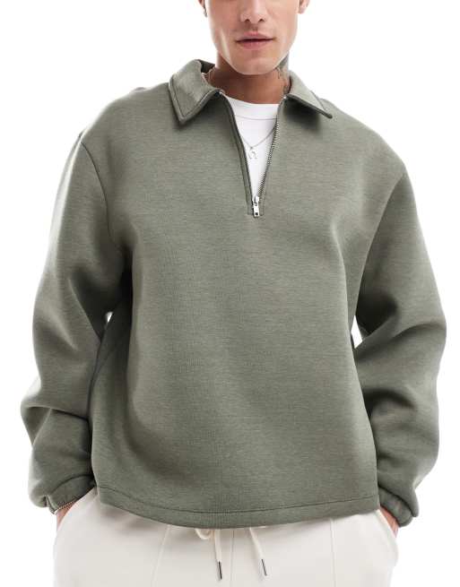 Sudadera caqui extragrande de estilo rugby con cremallera de tejido efecto neopreno de ASOS DESIGN
