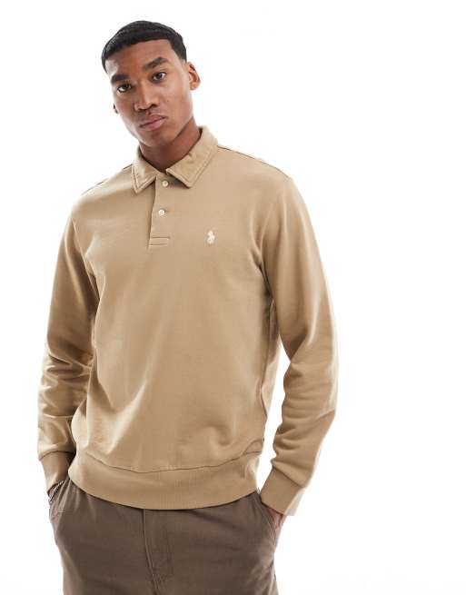 Sudadera caqui tostado con media cremallera y logo de icono de felpa de rizo de Polo Ralph Lauren