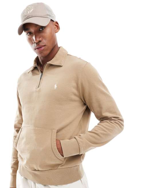 Sudadera caqui tostado de estilo rugby con media cremallera y logo de felpa de rizo de Polo Ralph Lauren
