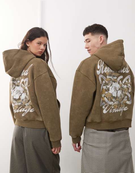 Sudadera caqui unisex de corte cuadrado con capucha y estampado gráfico de Reclaimed Vintage - view 1