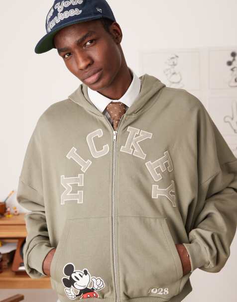 Sudadera caqui unisex de corte cuadrado ultragrande con capucha, cremallera y estampados y bordado de Mickey Mouse de Disney de ASOS DESIGN - view 1
