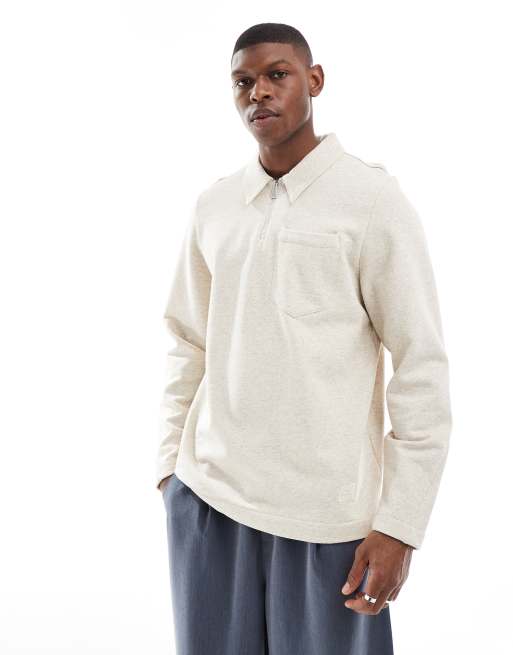 Sudadera color arena con cuello tipo polo, media cremallera y parche del logo de PS Paul Smith
