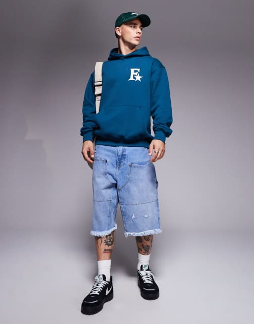 Sudadera color cerceta empolvado con capucha y logo de tejido de 320 g/m² Star Icon de Faded Store