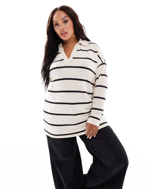 Sudadera color crema a rayas con diseño estilo rugby de New Look Curve - view 1