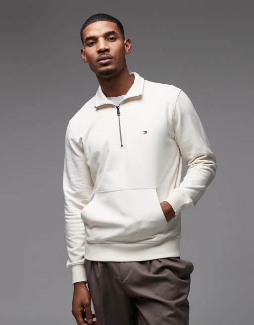 Sudadera color crema básica con cremallera corta de tejido de rizo de Tommy Hilfiger