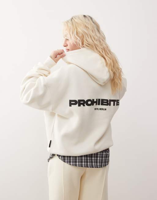 Sudadera color crema con capucha y logo de texto en la espalda de tejido de 360 g/m2 de Prohibited
