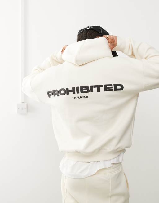Sudadera color crema con capucha y logo estampado en la espalda de tejido de 360 g/m2 de Prohibited, 2 de 4