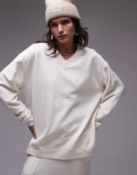 Sudadera color crema con cuello de pico de tejido cepillado de Topshop - view 1