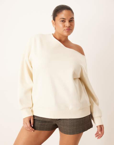 Sudadera color crema con hombro caído e interior afelpado de ASOS DESIGN Curve - view 1