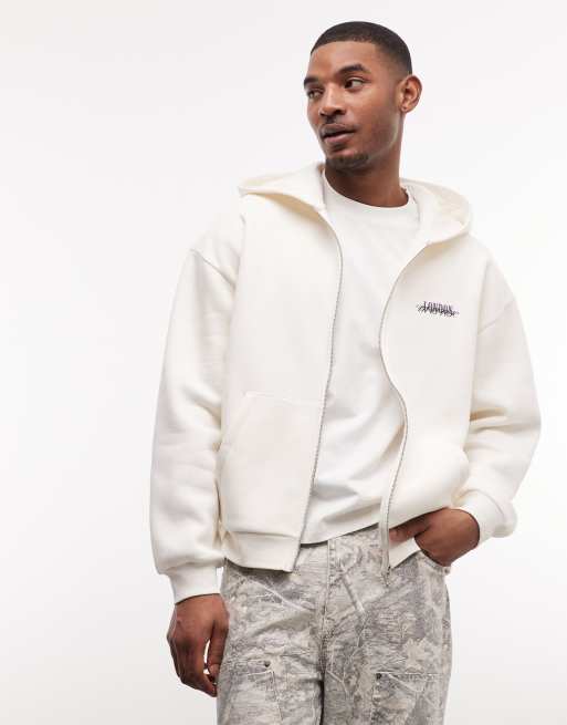 Sudadera color crema extragrande con capucha, cremallera y estampado gráfico de ASOS DESIGN, 3 de 5