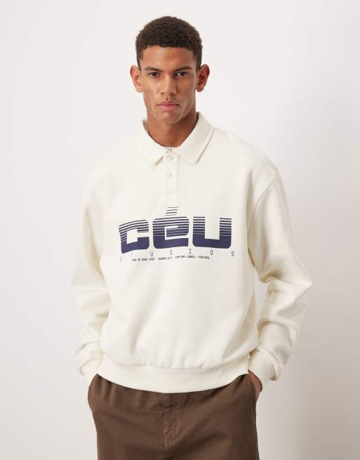 Sudadera color crema holgada con cuello tipo polo y estampado de ASOS DESIGN