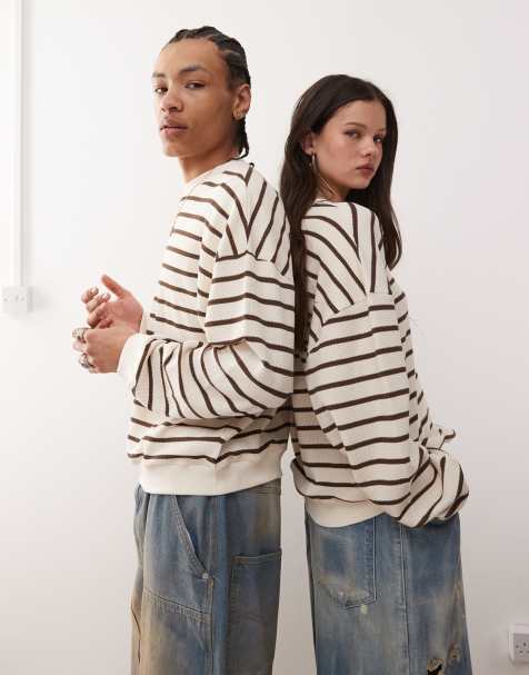 Sudadera color crema unisex a rayas marrones con textura de punto gofrado de Reclaimed Vintage - view 1
