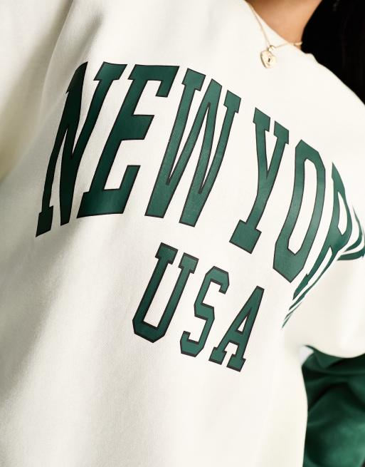 Sudadera color crema y verde con estampado "New York" de Pieces, 4 de 4