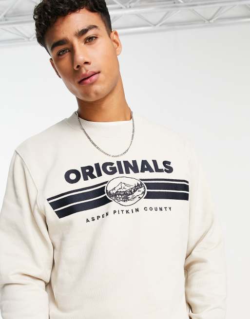 Sudadera color crudo con cuello redondo y estampado en la parte delantera de Jack & Jones Originals 