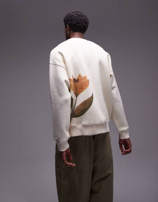 Sudadera color crudo extragrande con estampado de flor prensada en la parte delantera y trasera de Topman, 3 de 4