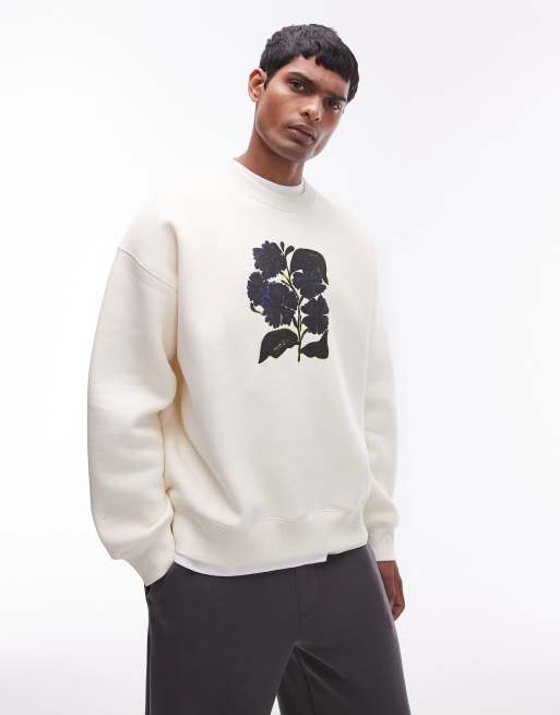 Sudadera color crudo extragrande con estampado floral abstracto de Topman