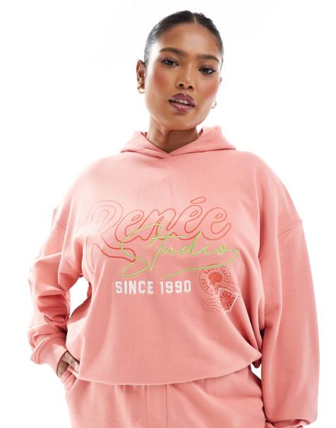 Sudadera color melocotón con capucha y bordado gráfico del logo exclusiva de Renee Studio Plus (parte de un conjunto) - view 1