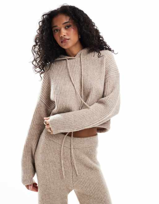 Sudadera color piedra con capucha y detalle de cordón ajustable de punto de ASOS DESIGN
