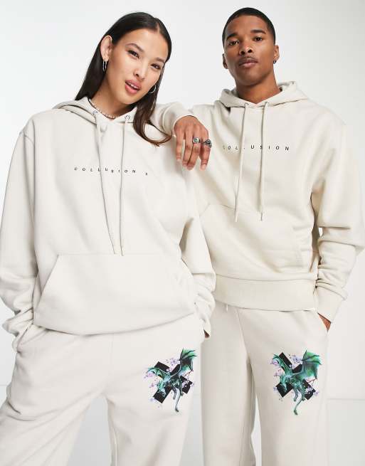 Sudadera color piedra con capucha y estampado de logo y dragón en la espalda de COLLUSION Unisex (parte de un conjunto)