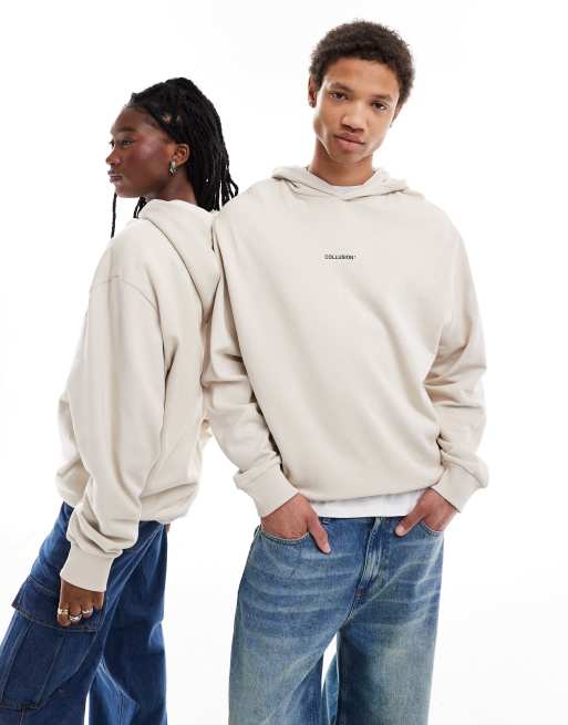 Sudadera color piedra con capucha y logo estampado de COLLUSION Unisex, 3 de 4