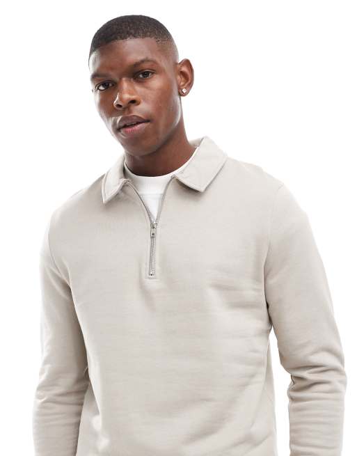 Sudadera color piedra con cuello tipo polo y cremallera de ASOS DESIGN