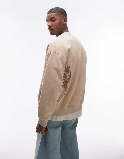 Sudadera color piedra extragrande con bordado floral en el pecho y la espalda de Topman